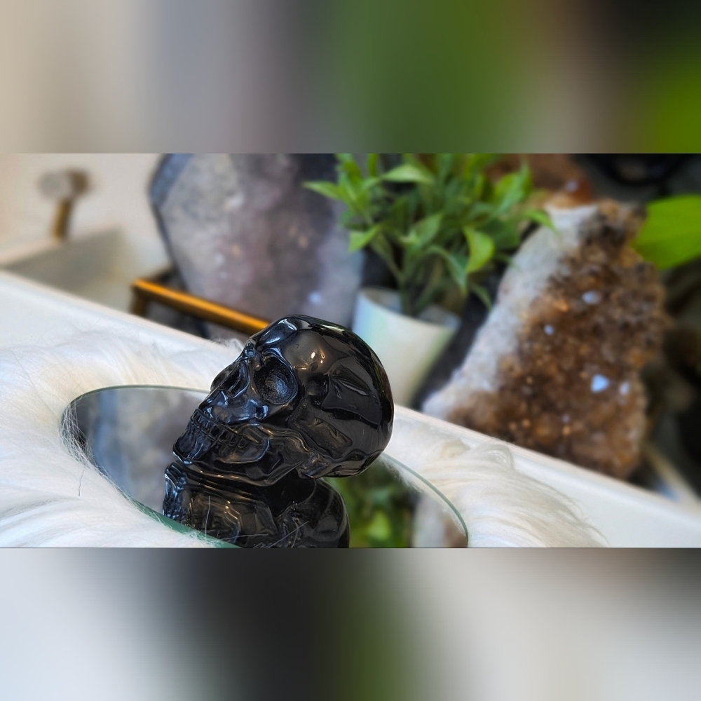 Gold Sheen Black Obsidian Crystal Skull Carving - Picture 3 of 12